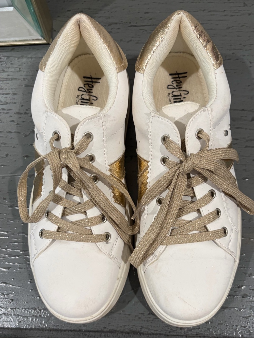 Hey Girl Women's White Sneakers with Gold Accent